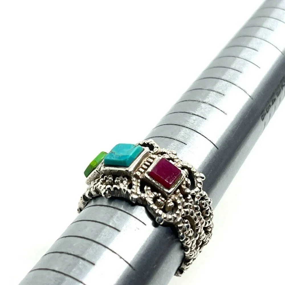 STERLING SILVER RING Multi Stone Inlay Wide Band Statement Boho Sz 8